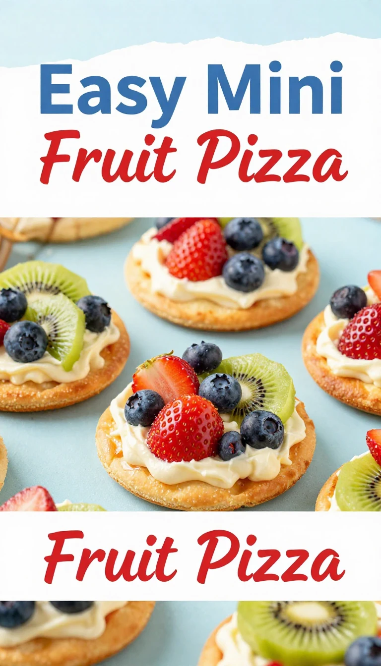 Colorful mini fruit pizzas topped with fresh strawberries, blueberries, and kiwi on a white plate