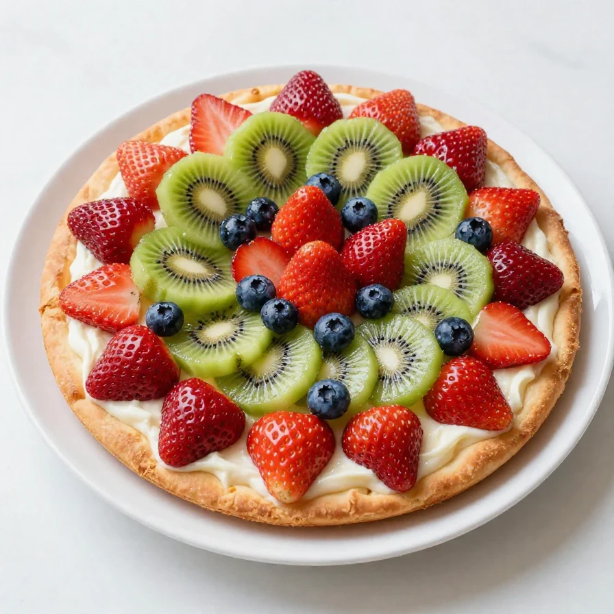 A colorful fruit pizza topped with assorted fresh fruits on a cookie crust