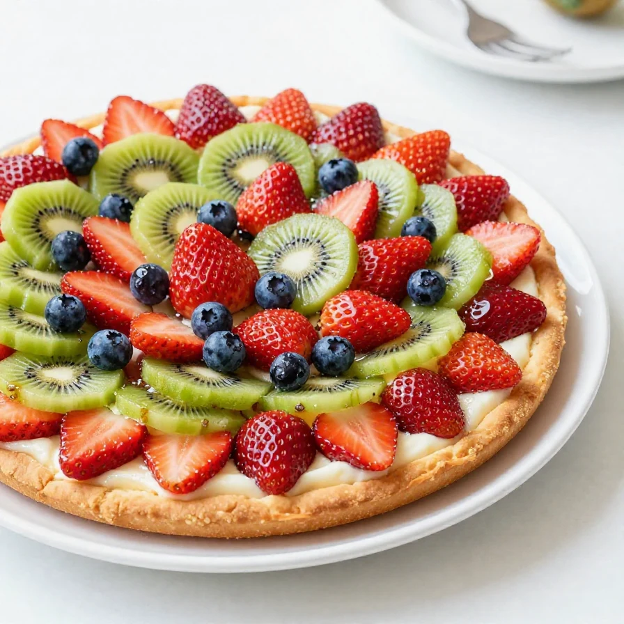 A colorful fruit pizza topped with assorted fresh fruits on a cookie crust