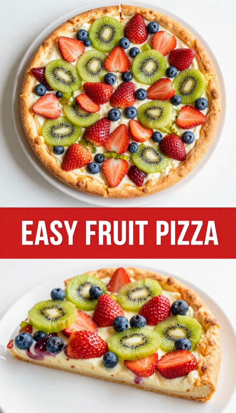 A colorful fruit pizza topped with assorted fresh fruits on a cookie crust