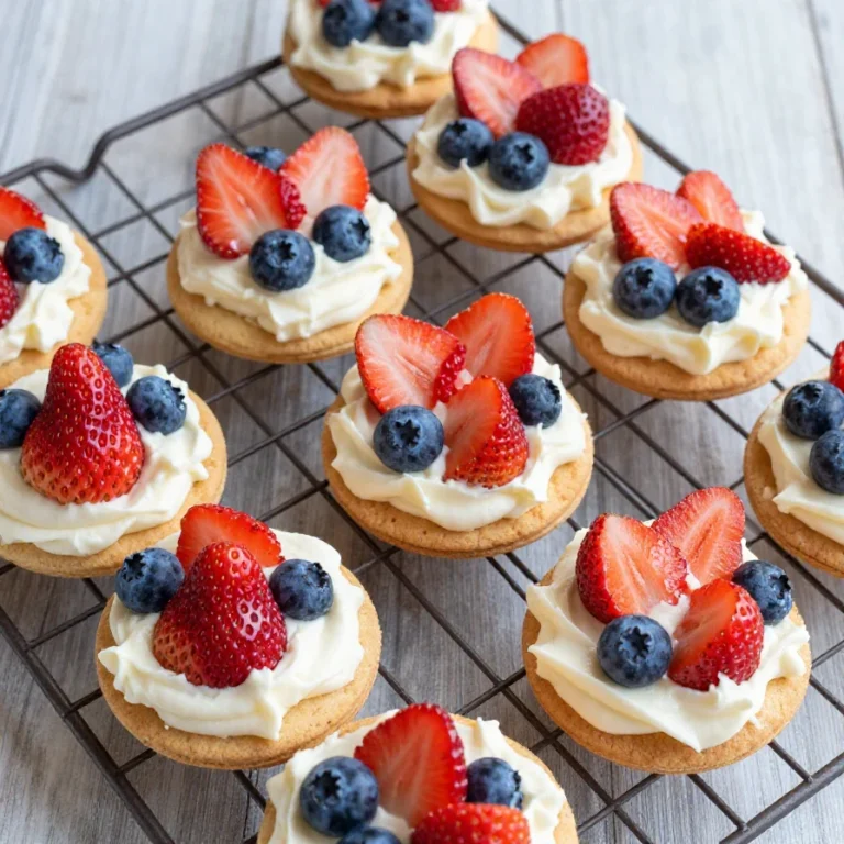 Mini fruit pizzas topped with strawberries, blueberries, and whipped cream on a festive red, white, and blue plate