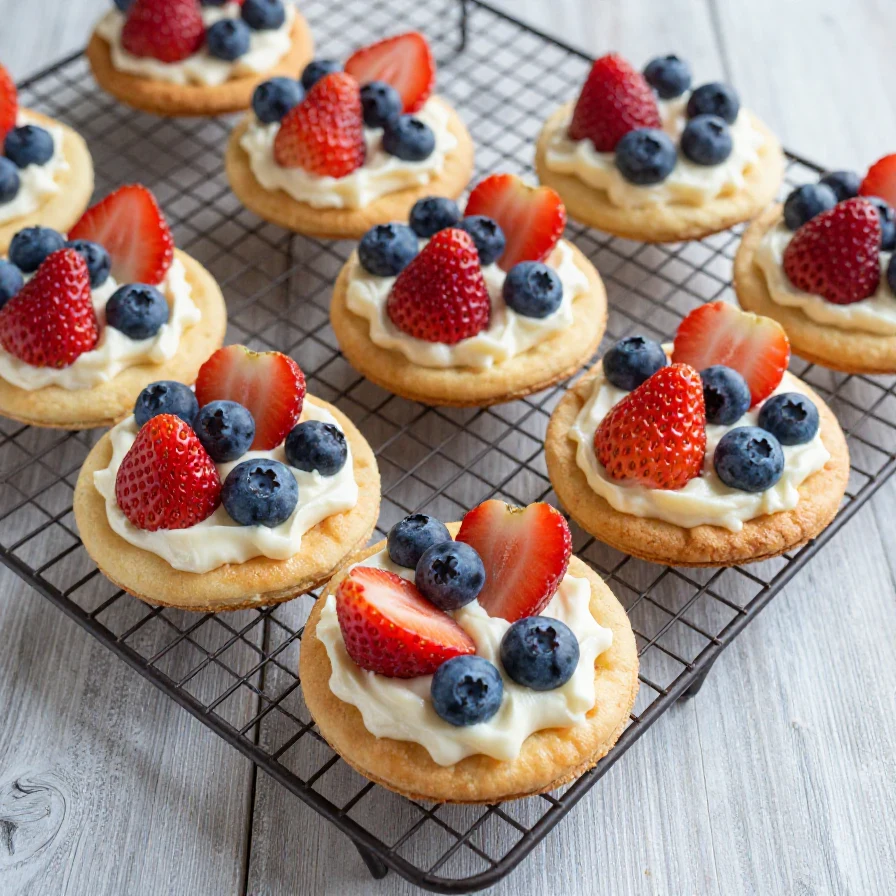 Mini fruit pizzas topped with strawberries, blueberries, and whipped cream on a festive red, white, and blue plate