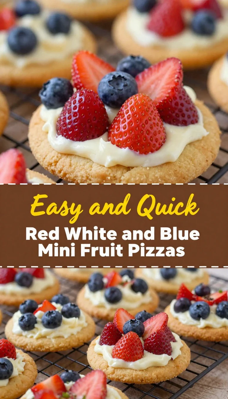 Mini fruit pizzas topped with strawberries, blueberries, and whipped cream on a festive red, white, and blue plate