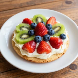Colorful sugar cookie fruit pizzas topped with a variety of fresh fruits
