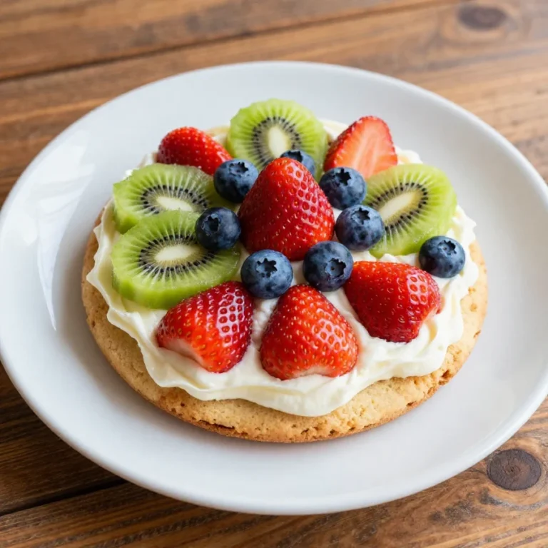 Colorful sugar cookie fruit pizzas topped with a variety of fresh fruits