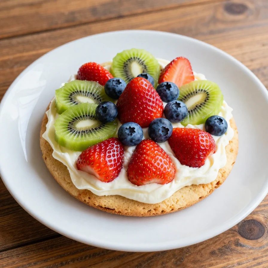 Colorful sugar cookie fruit pizzas topped with a variety of fresh fruits