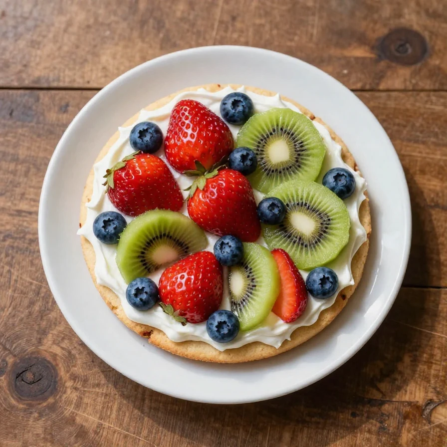 Colorful sugar cookie fruit pizzas topped with a variety of fresh fruits