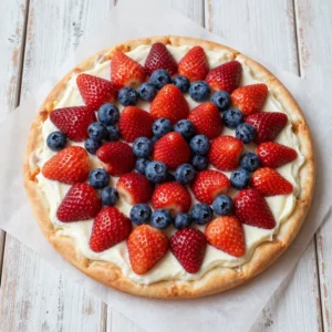 A dessert pizza decorated with the American flag made of cookie dough and frosting