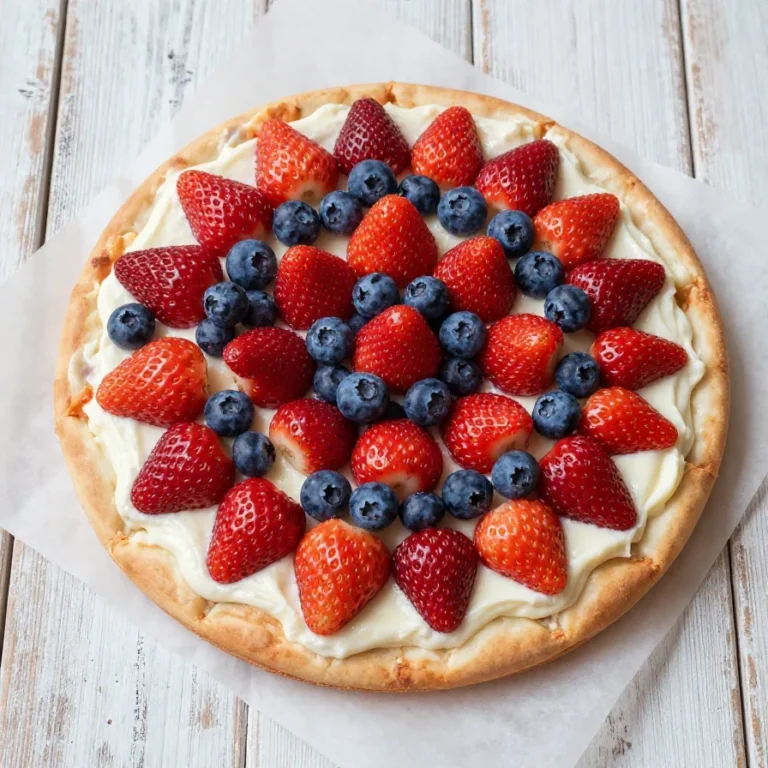 A dessert pizza decorated with the American flag made of cookie dough and frosting