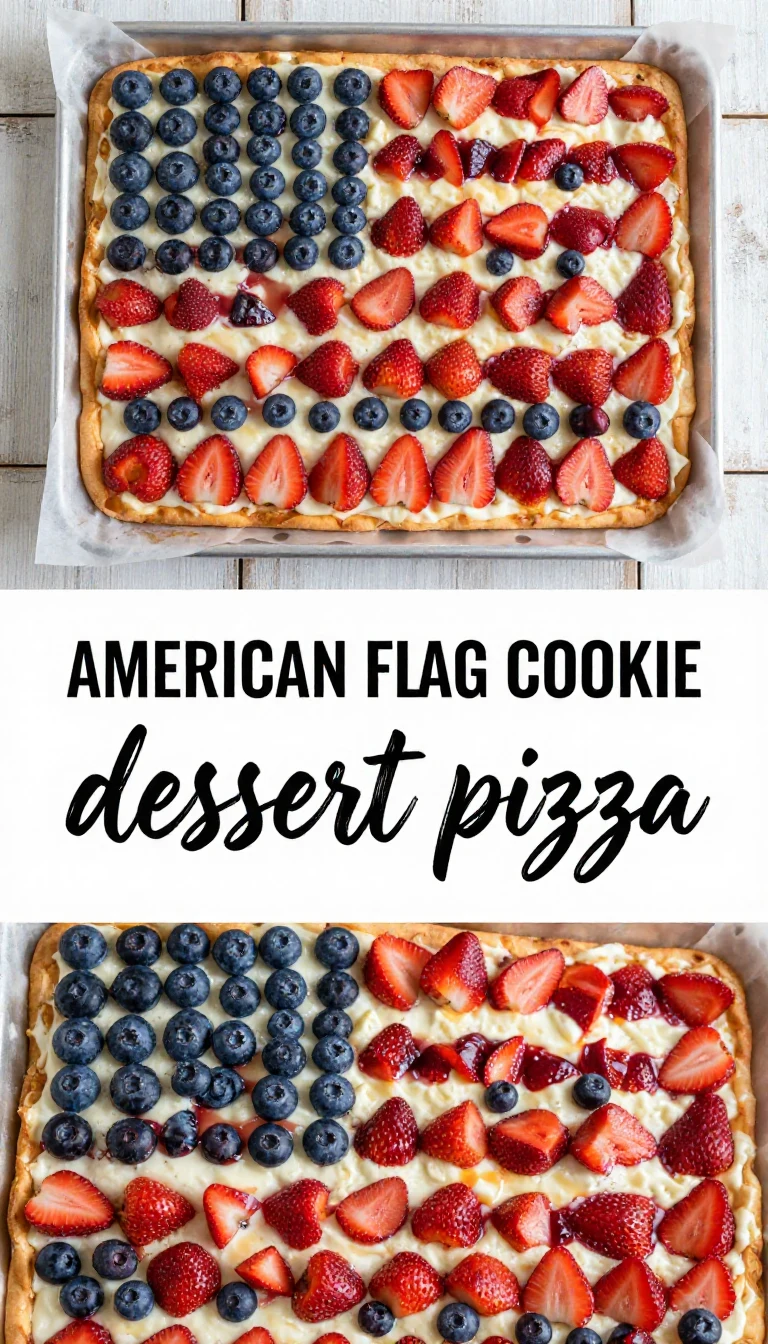 A dessert pizza decorated with the American flag made of cookie dough and frosting