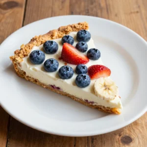 A delicious healthy berry dessert pizza topped with fresh strawberries, blueberries, and a light yogurt drizzle