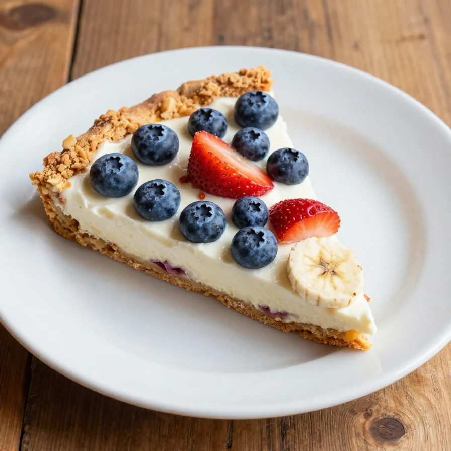 A delicious healthy berry dessert pizza topped with fresh strawberries, blueberries, and a light yogurt drizzle