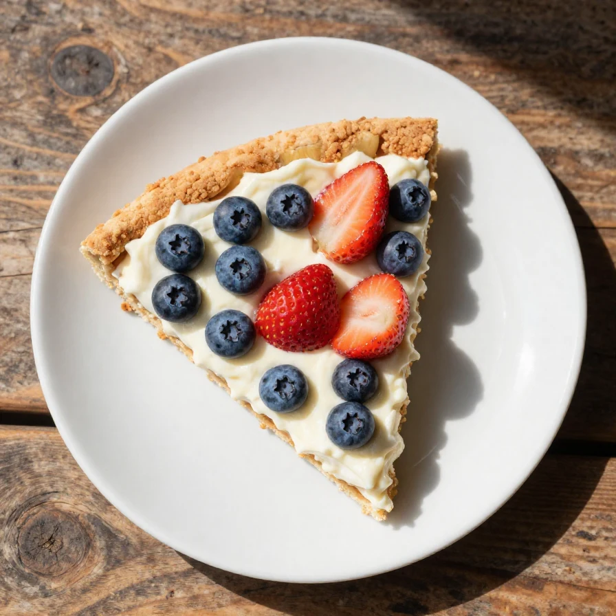 A delicious healthy berry dessert pizza topped with fresh strawberries, blueberries, and a light yogurt drizzle