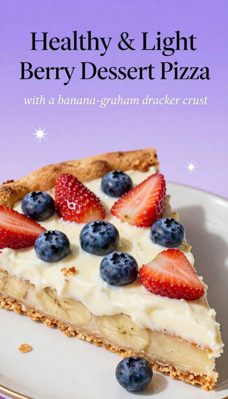 A delicious healthy berry dessert pizza topped with fresh strawberries, blueberries, and a light yogurt drizzle