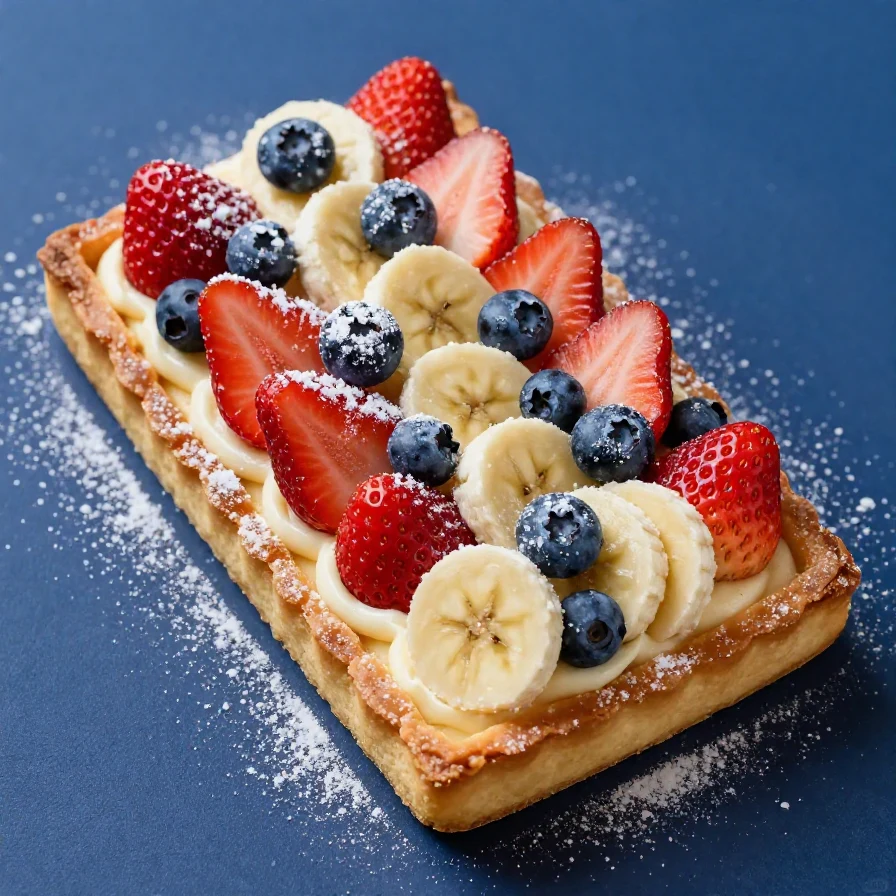A colorful flag fruit pizza topped with strawberries, blueberries, and bananas arranged in a patriotic design