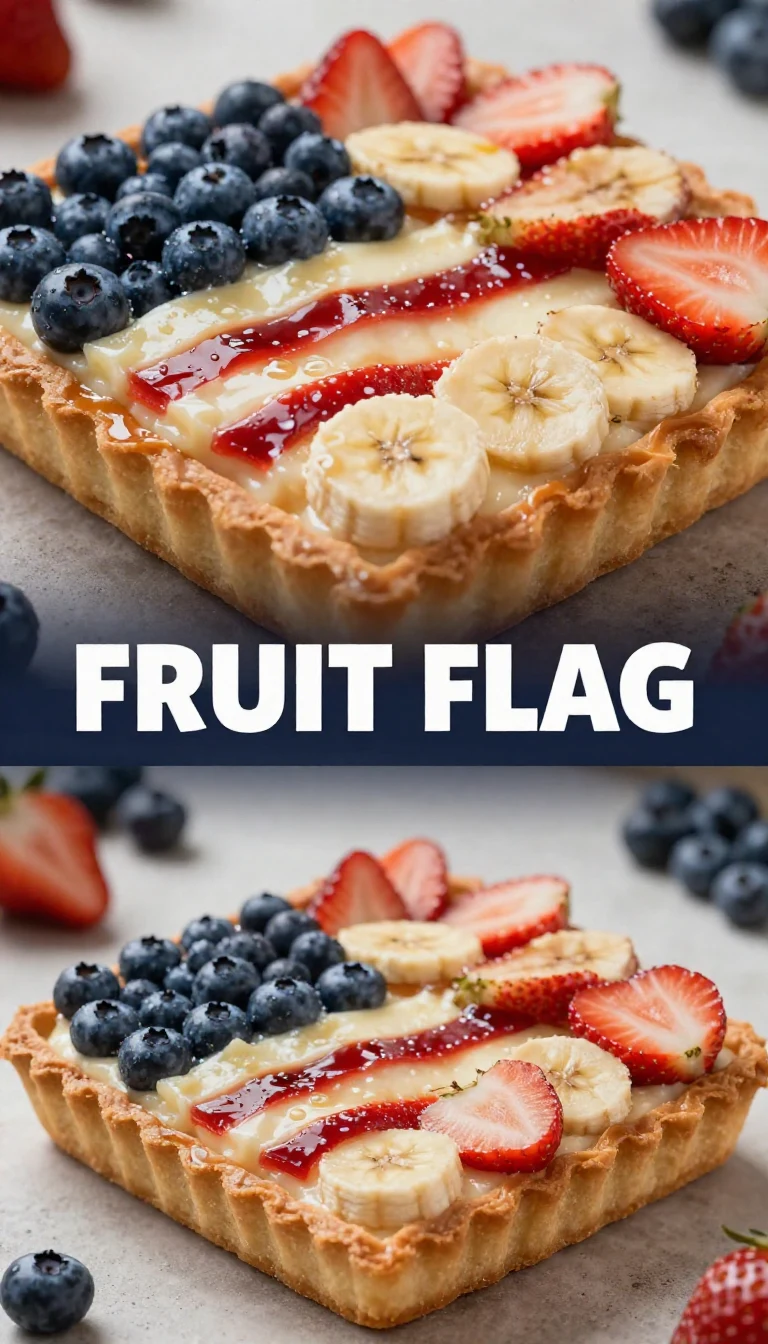 A colorful flag fruit pizza topped with strawberries, blueberries, and bananas arranged in a patriotic design