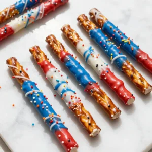 Colorful patriotic pretzel rods decorated with red, white, and blue chocolate and sprinkles