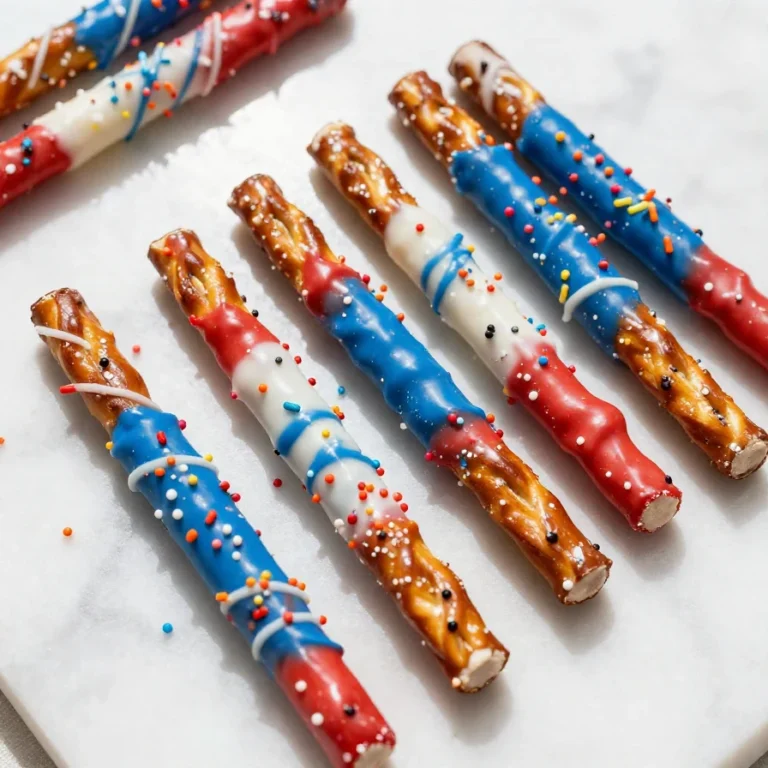 Colorful patriotic pretzel rods decorated with red, white, and blue chocolate and sprinkles