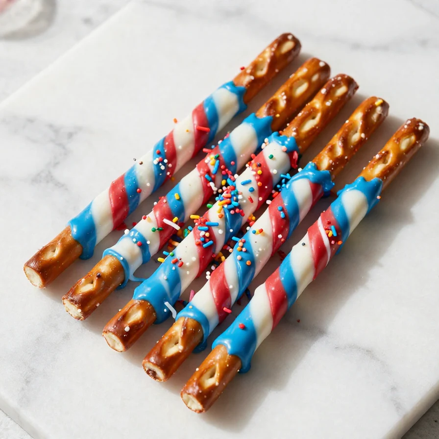 Colorful patriotic pretzel rods decorated with red, white, and blue chocolate and sprinkles