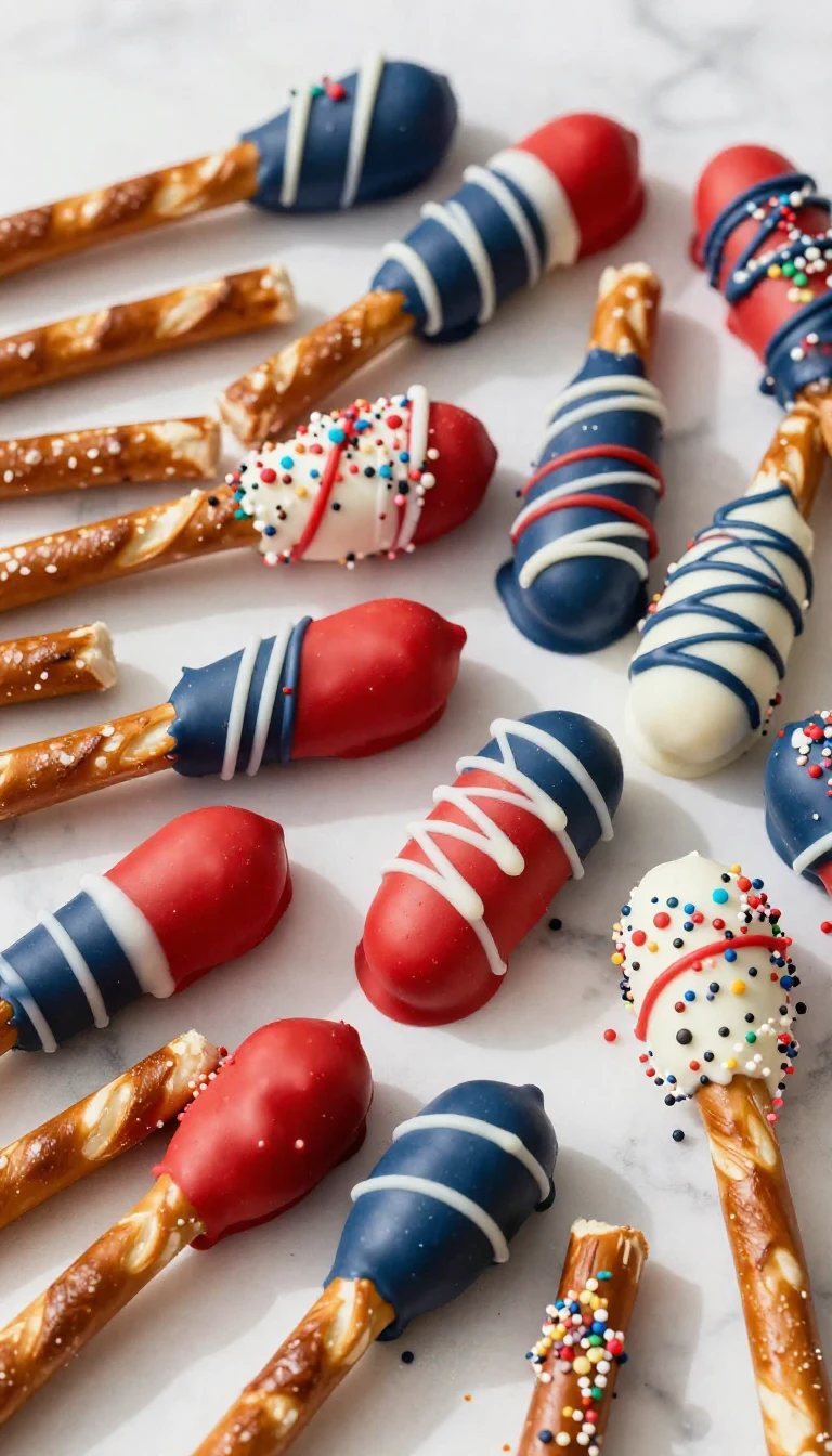 Colorful patriotic pretzel rods decorated with red, white, and blue chocolate and sprinkles