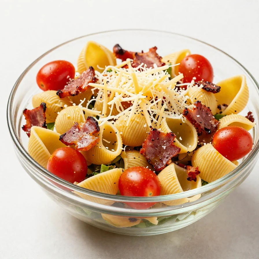 A colorful bowl of Cowboy Pasta Salad with fresh vegetables and pasta