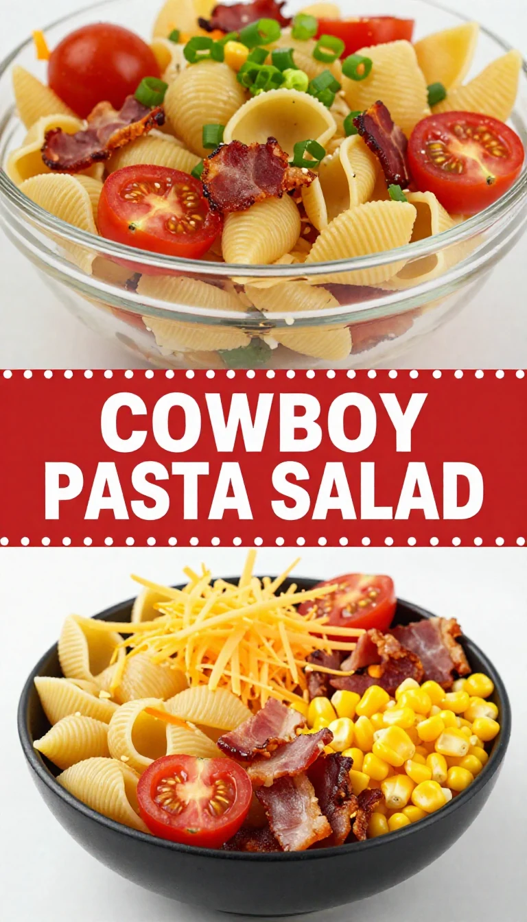 A colorful bowl of Cowboy Pasta Salad with fresh vegetables and pasta