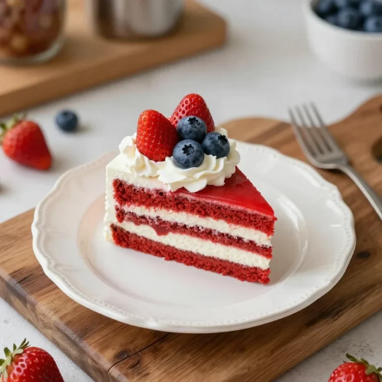 A festive 4th of July flag cake decorated with strawberries and blueberries atop a layer of Cool Whip.