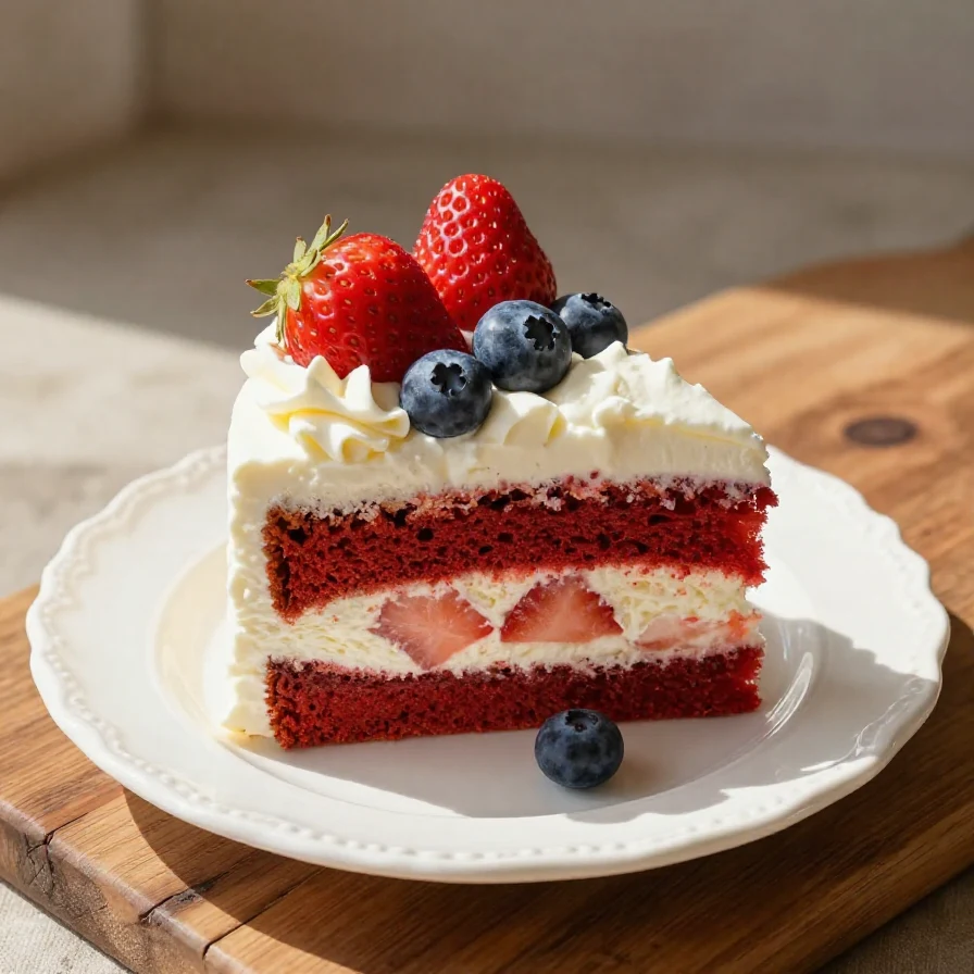 A festive 4th of July flag cake decorated with strawberries and blueberries atop a layer of Cool Whip.