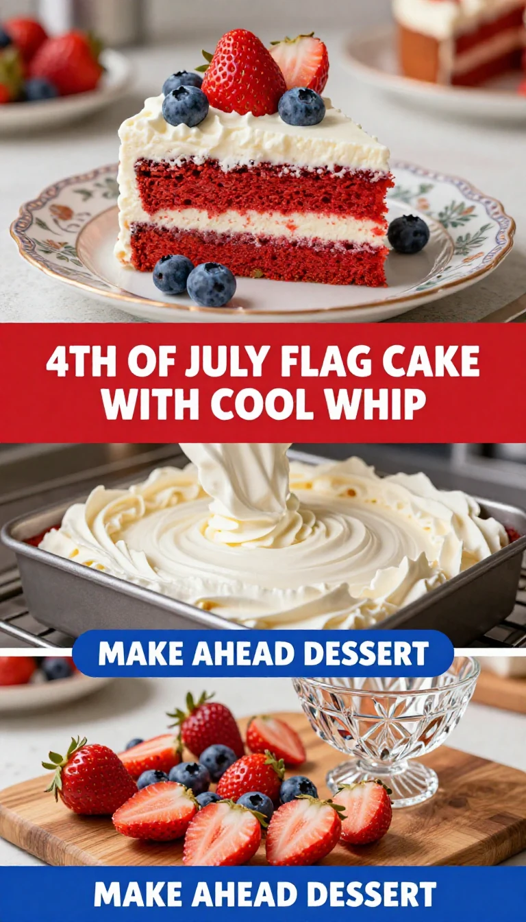 A festive 4th of July flag cake decorated with strawberries and blueberries atop a layer of Cool Whip.