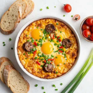 A delicious Father's Day breakfast casserole filled with eggs, cheese, and vegetables, served in a baking dish.