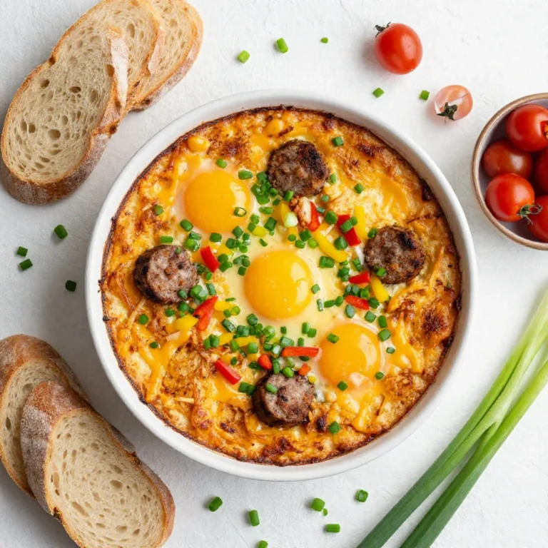 A delicious Father's Day breakfast casserole filled with eggs, cheese, and vegetables, served in a baking dish.