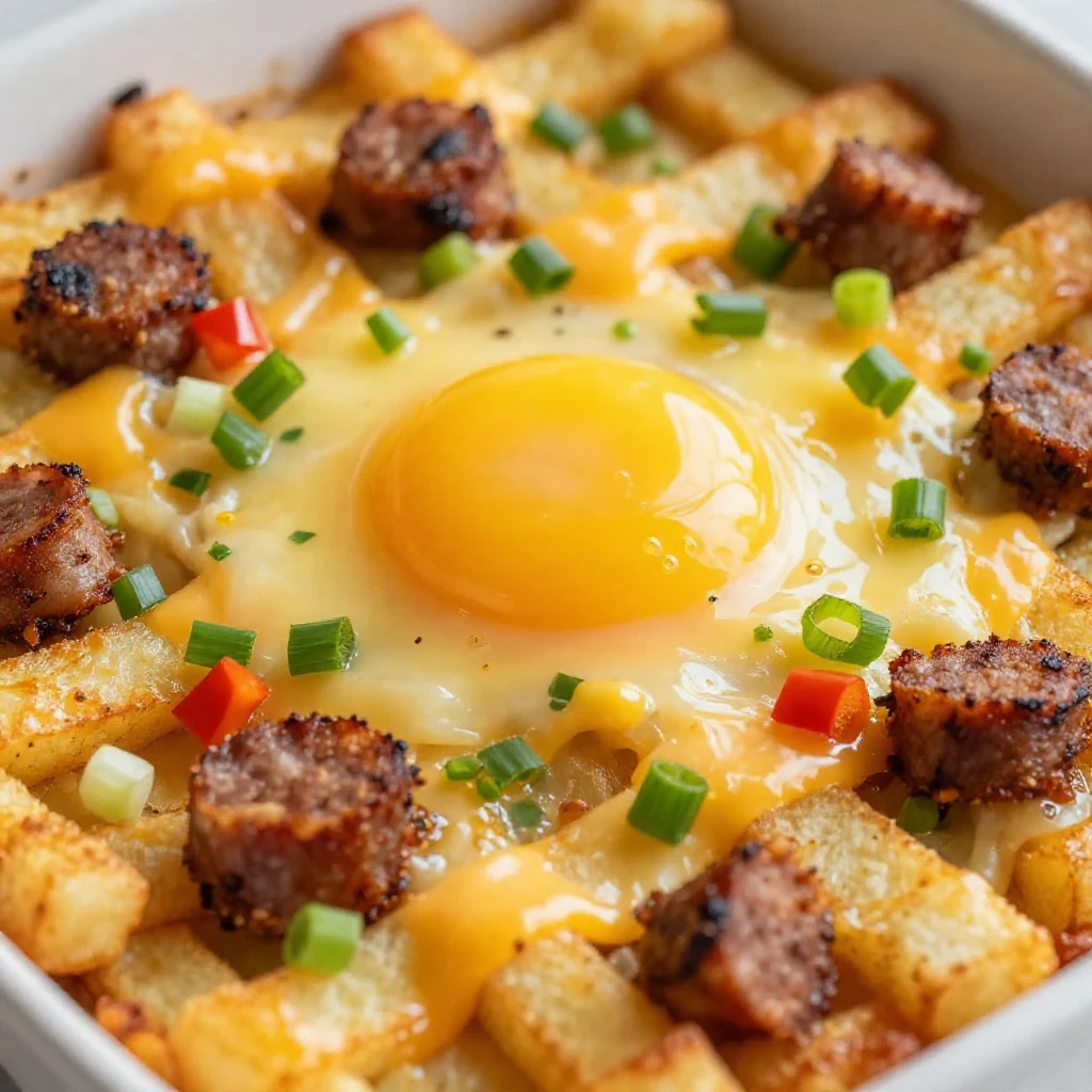 A delicious Father's Day breakfast casserole filled with eggs, cheese, and vegetables, served in a baking dish.