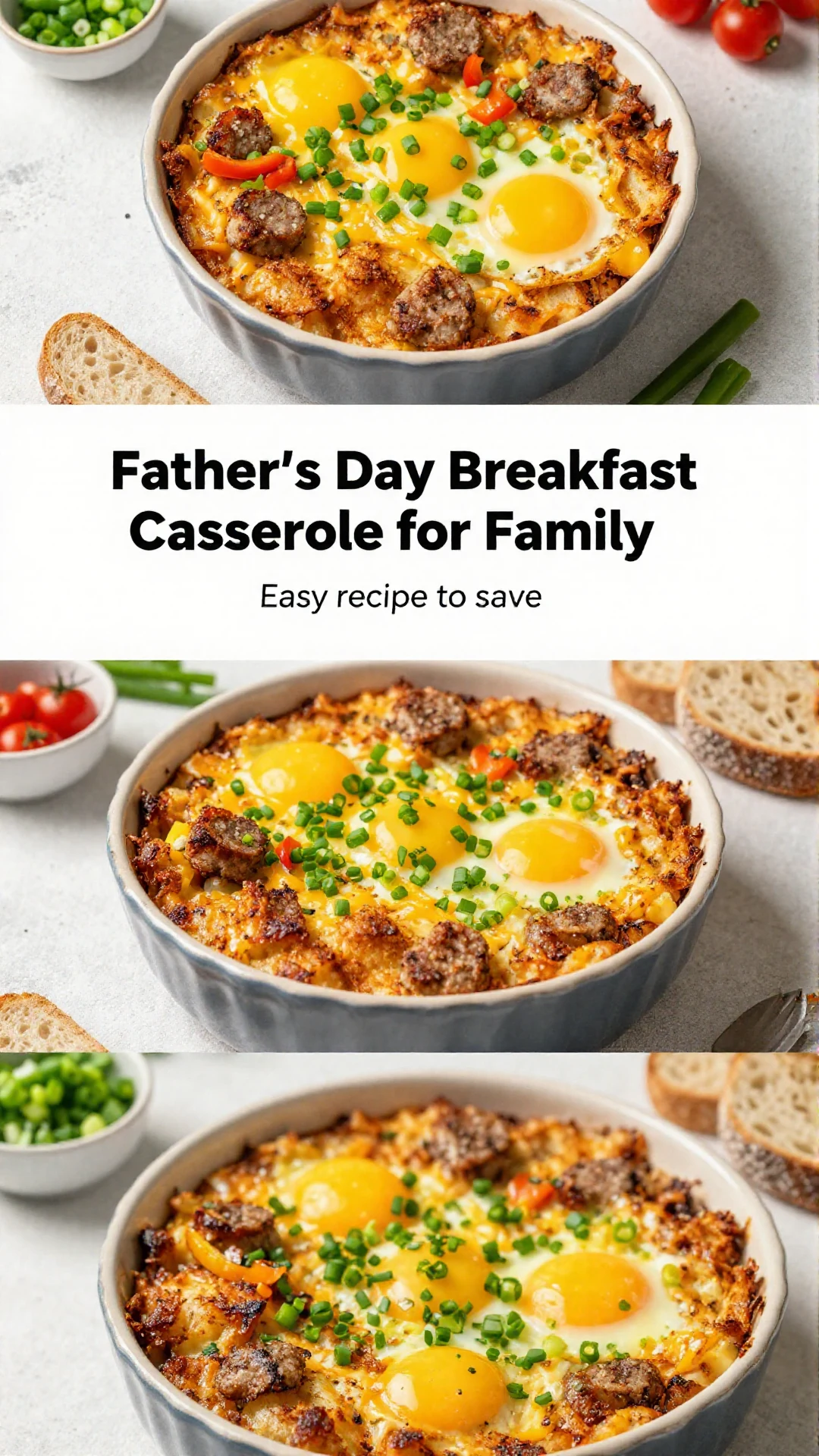 A delicious Father's Day breakfast casserole filled with eggs, cheese, and vegetables, served in a baking dish.