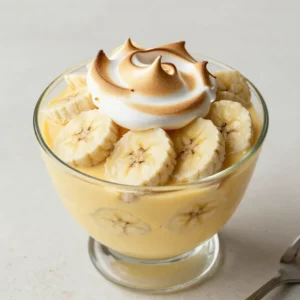 A homemade banana pudding served in a glass dish with layers of bananas, custard, and vanilla wafers.