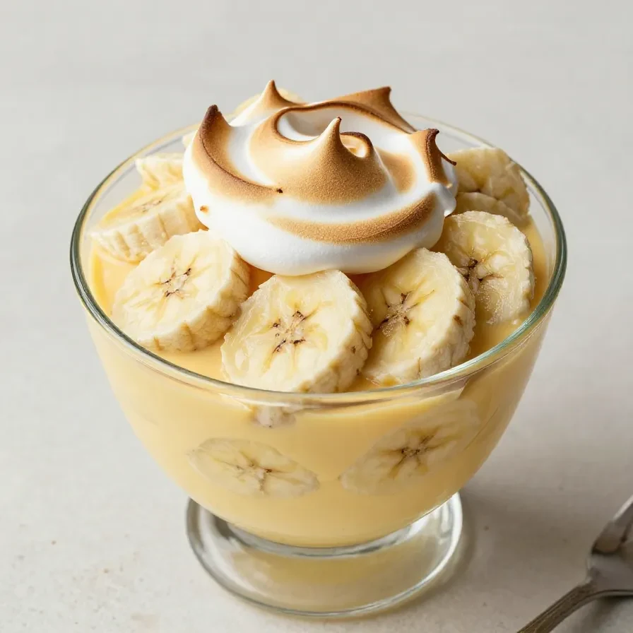 A homemade banana pudding served in a glass dish with layers of bananas, custard, and vanilla wafers.