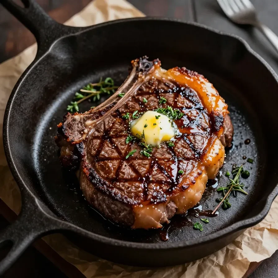 Close-up of a pan-seared ribeye steak topped with melted garlic butter on a plate.