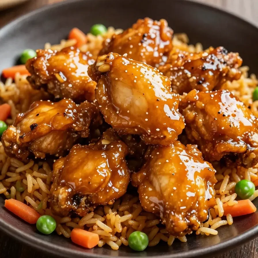 A one-pan dinner featuring honey BBQ chicken served over rice with garnishes.