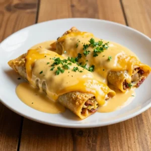 A plate of breakfast enchiladas topped with creamy sausage gravy, garnished with fresh parsley.