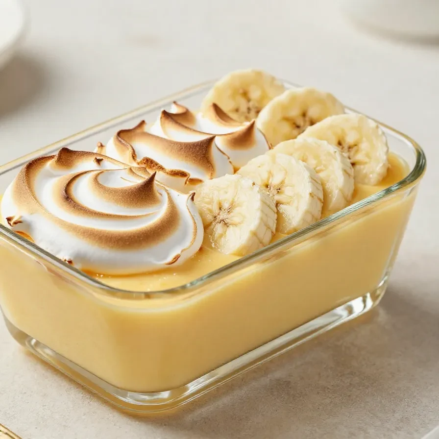 A homemade banana pudding served in a glass dish with layers of bananas, custard, and vanilla wafers.