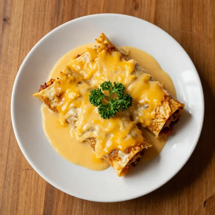 A plate of breakfast enchiladas topped with creamy sausage gravy, garnished with fresh parsley.