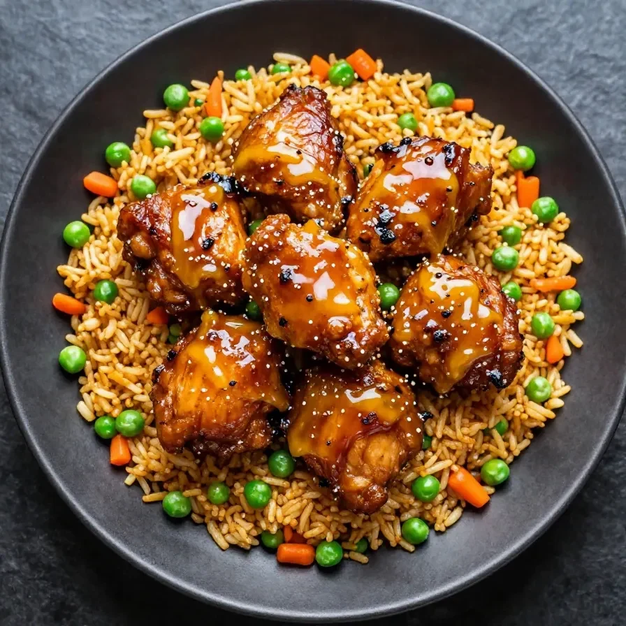 A one-pan dinner featuring honey BBQ chicken served over rice with garnishes.