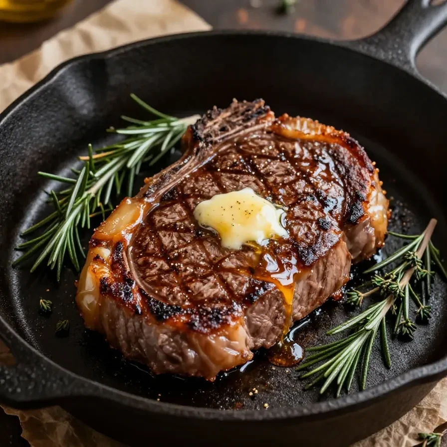 Close-up of a pan-seared ribeye steak topped with melted garlic butter on a plate.