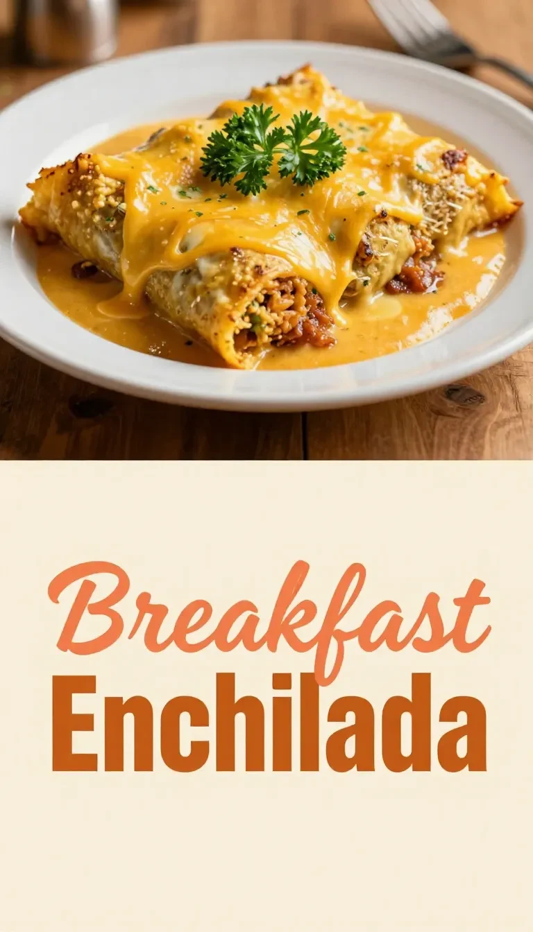 A plate of breakfast enchiladas topped with creamy sausage gravy, garnished with fresh parsley.
