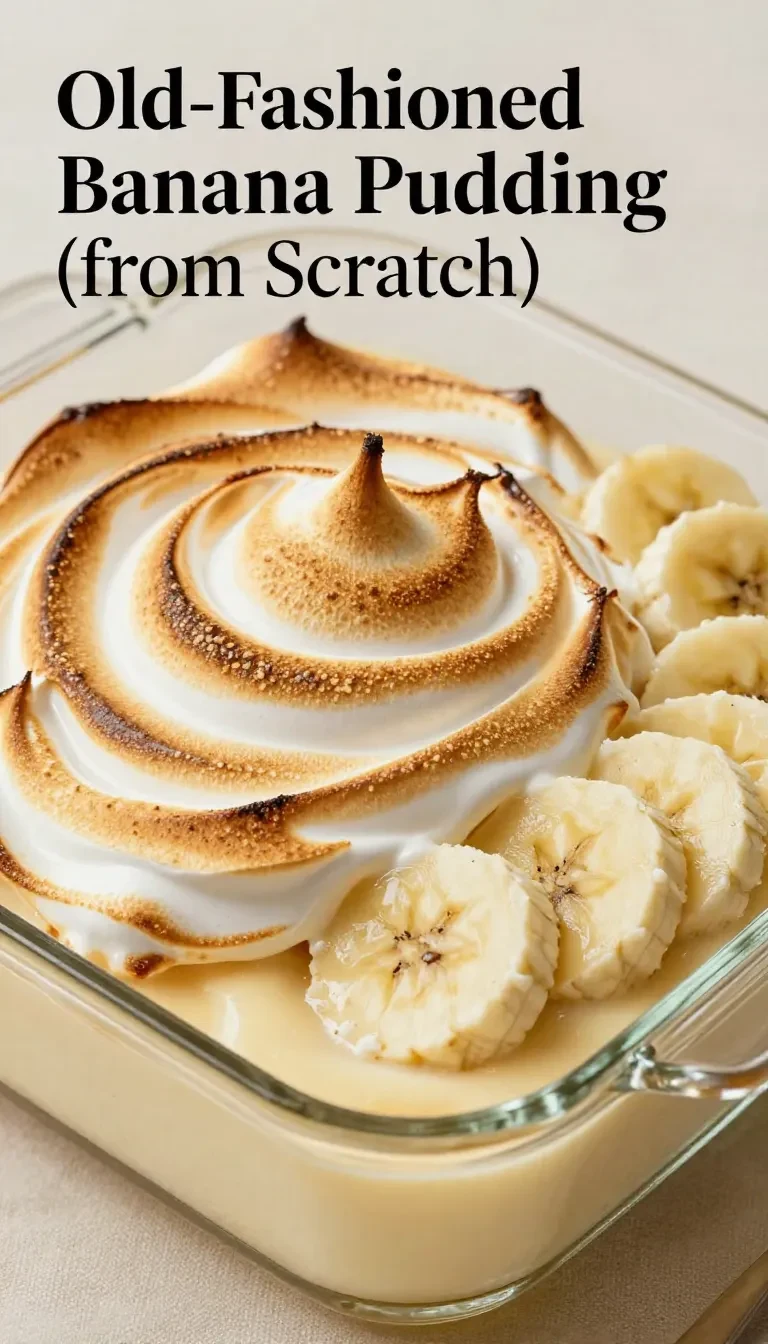 A homemade banana pudding served in a glass dish with layers of bananas, custard, and vanilla wafers.