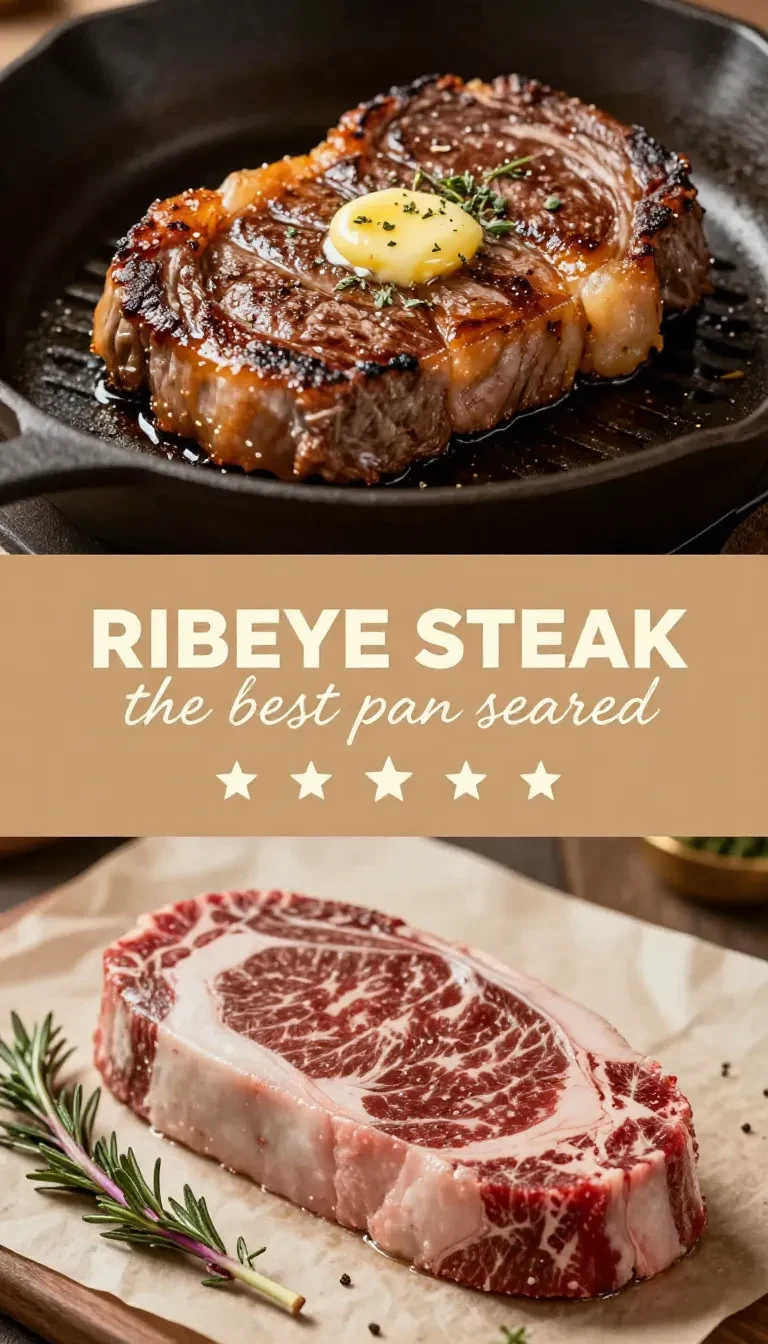 Close-up of a pan-seared ribeye steak topped with melted garlic butter on a plate.