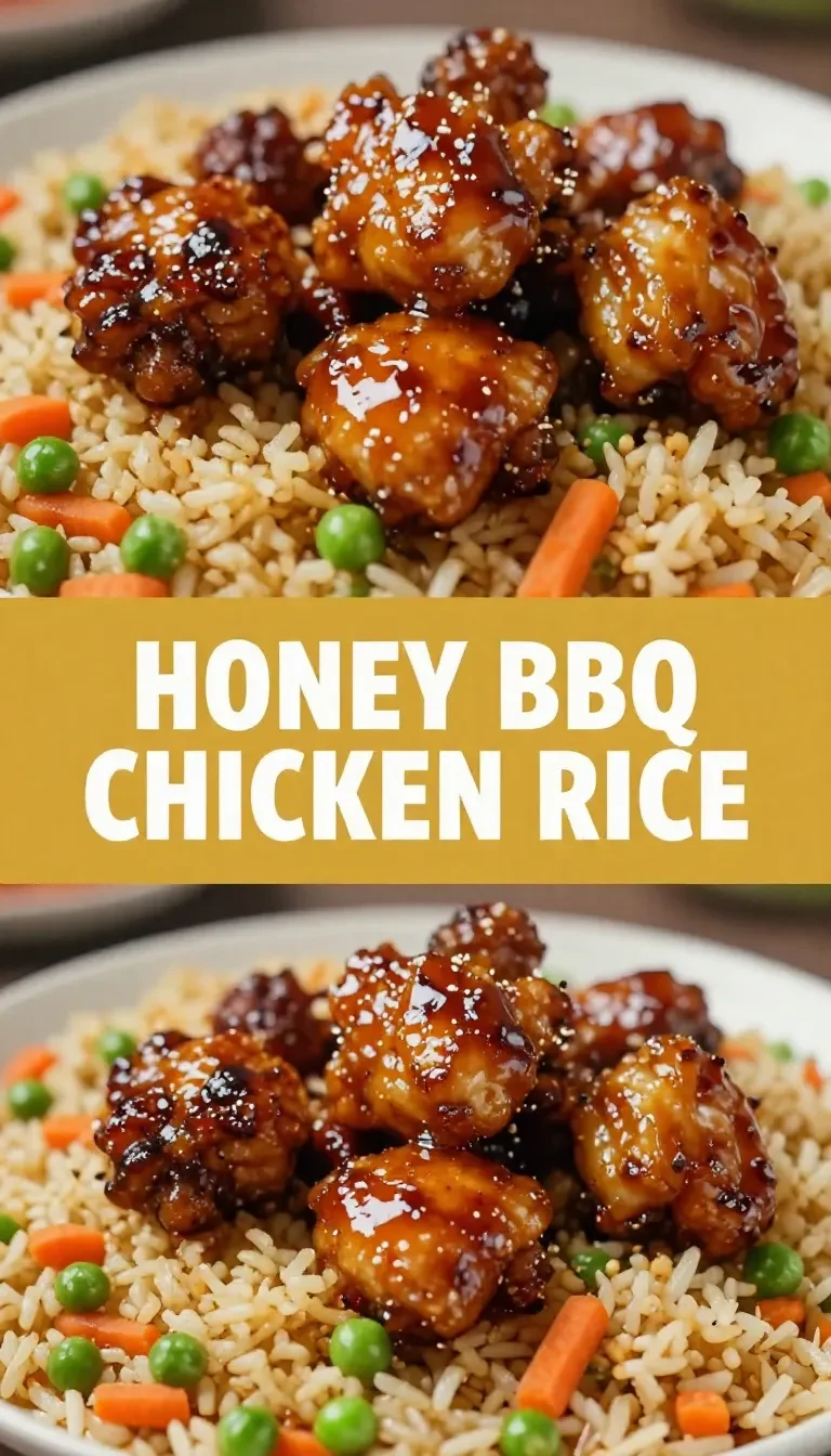 A one-pan dinner featuring honey BBQ chicken served over rice with garnishes.