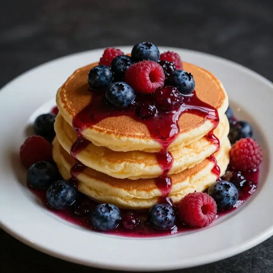 Close-up of fluffy Japanese souffle pancakes stacked on a plate with powdered sugar sprinkled on top.
