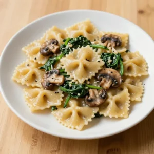 A bowl of creamy Parmesan spinach mushroom pasta garnished with fresh parsley.