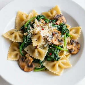 A bowl of creamy Parmesan spinach mushroom pasta garnished with fresh parsley.