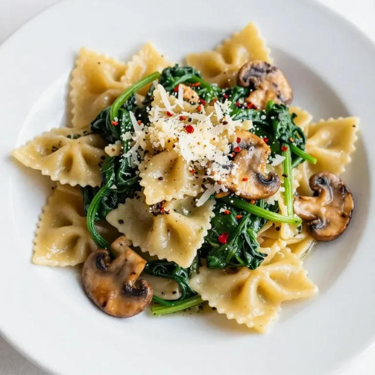 A bowl of creamy Parmesan spinach mushroom pasta garnished with fresh parsley.